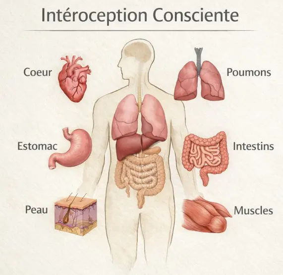 Schéma de l'intéroception consciente — coeur, poumons, estomac, intestins, peau, muscles, température et fatigue comme sources du ressenti corporel